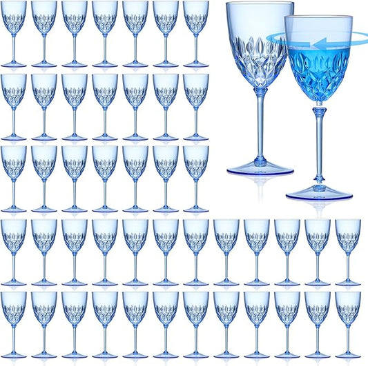 48 pcs Plastic Blue Wine Glasses Bulk 7.4oz Detachable Small Wine Goblet Champagne Flutes Unbreakable Vintage Diamond Stemware Mimosa Drinking Glassware for Wedding Christmas Event Party