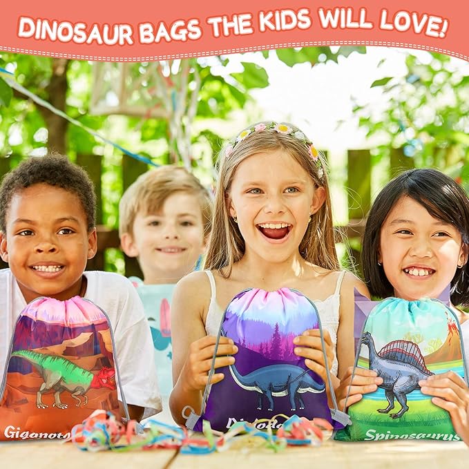 Chumia 40 Pcs Dinosaur Drawstring Gift Bags Dinosaur Party Supplies Dino Theme Party Favor Treat Goodie Candy Bags for Birthday Christmas, 20 Style