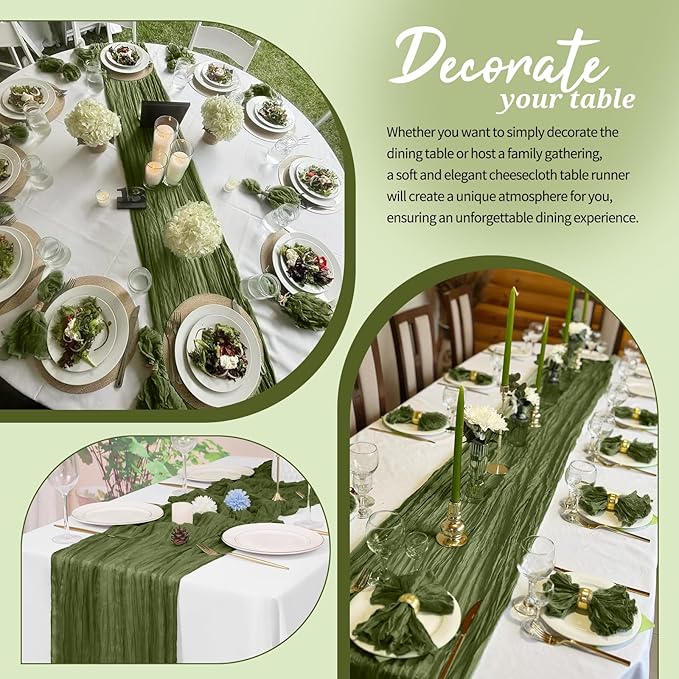 10 Pack Cheesecloth Table Runner Olive Green, Rustic Boho Gauze Fabric Table Runner Romantic Table Runner for Wedding, Festival, Birthday, Anniversary, Dinner and Outdoor Events (17.7 x 108 inch)