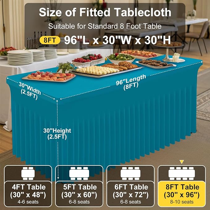 Smiry Spandex Tablecloth, Elastic Fitted Stretch Tablecloth for 8FT Rectangle Tables, Waterproof Washable Table Cover Skirt for Outdoor, Wedding, Banquet & Parties (Turquoise, 96Lx30Wx30H Inch)