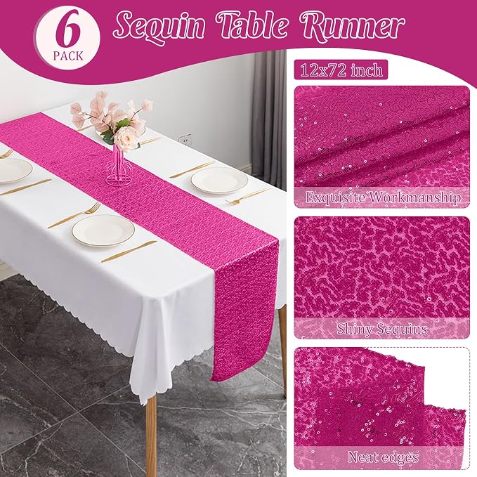 6 Pack Hot Pink Valentine's Day Sequin Table Runner 12" x 72" Sparkle Table Runner for Baby Bridal Shower Wedding Birthday Party Table Decor (Hot Pink)