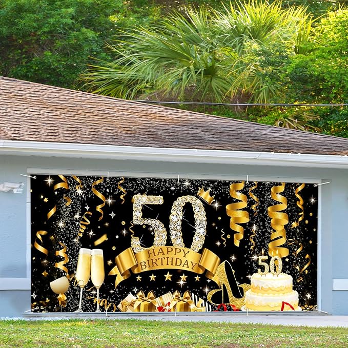 50th Birthday Garage Door Banner Cover 7x16ft Waterproof -Gold Glitter Diamond Backdrop, Luxury Milestone Party Decor for Adults, Anniversary Photo Booth Background