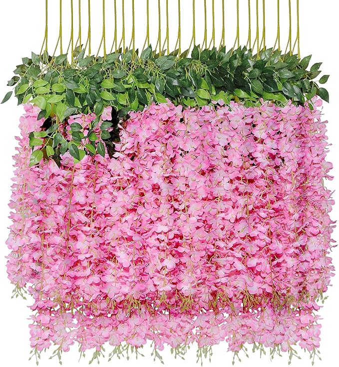 Pauwer Wisteria Hanging Flowers 12 Pack Fake Flower Garland Artificial Wisteria Vines Rattan Silk Flower String Wedding Party Wall Decorations,Pink