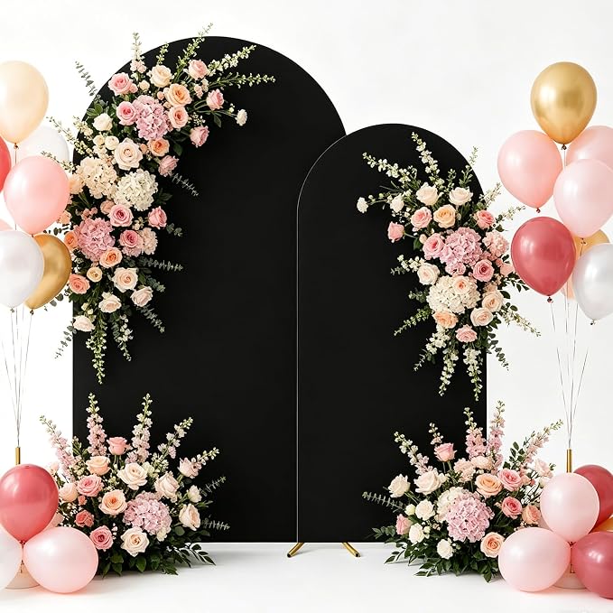 Wedding 6FT/7.2FT Arch Backdrop Stand and Cover Set of 2, Black | Metal Arch Backdrop Stand, High Elasticity Arch Cover, For Wedding Birthday Baby Shower Celebration
