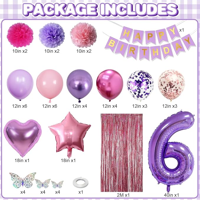 Pink Purple 6th Birthday Party Decorations for Girls Number 6 Balloon Happy Birthday Banner Butterfly Stickers Fringe Curtain Paper Pom Poms Metallic Hot Pink Star Foil Balloons 6 Year Old Princess