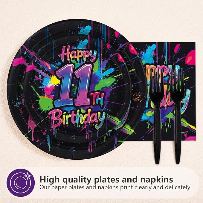 96 Pcs Neon Graffiti 11th Birthday Party Supplies Colorful Paint Splatter Plates and Napkins Neon Splatter Tableware Set for Boys Girls Birthday Retro Paint Party Supplies, Serves 24