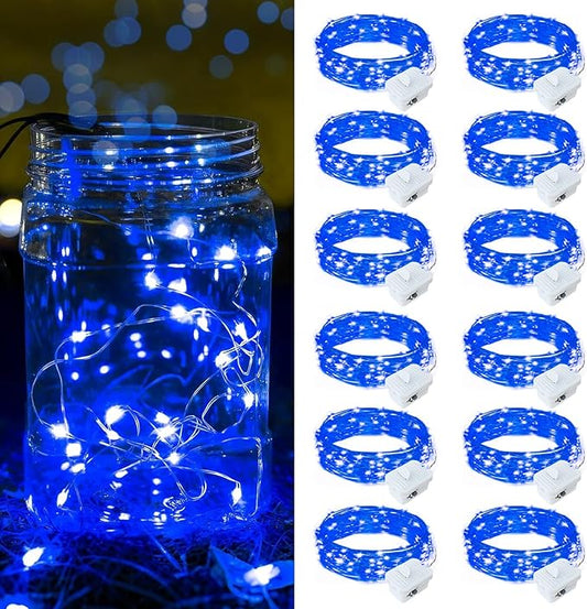 12 Pack Blue Fairy Lights Battery Operated, 7ft 20 LED Mini String Twinkle Lights for Easter Christmas Halloween Mason Jars Centerpiece Table Decorations (12, Blue)