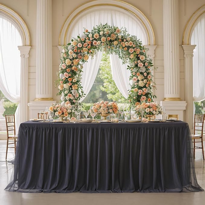 4 Pack Black Tulle Tablecloths for 8 Foot Rectangular Tables, 8ft Black Rectangle Table Cloths, Wrinkle Free Table Cover with Tutu Skirt for Wedding Birthday Party Banquet Buffet Event Decorations