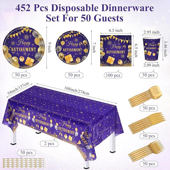 Funnymoom 452 Pcs Retirement Party Decorations Supplies Women Set Include Purple and Gold Retirement Paper Plates Napkins Cups Tablecloth Cutlery Straws for Men Women Say Goodbye Party