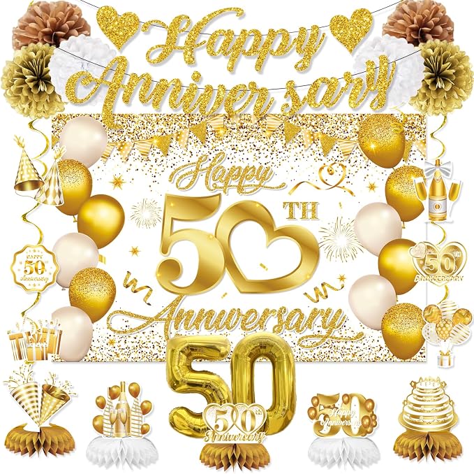 50th Anniversary Decorations, White Gold 50th Wedding Anniversary Decorations- Banner Backdrop Centerpieces Hanging Swirls Pom Pom Party Supplies