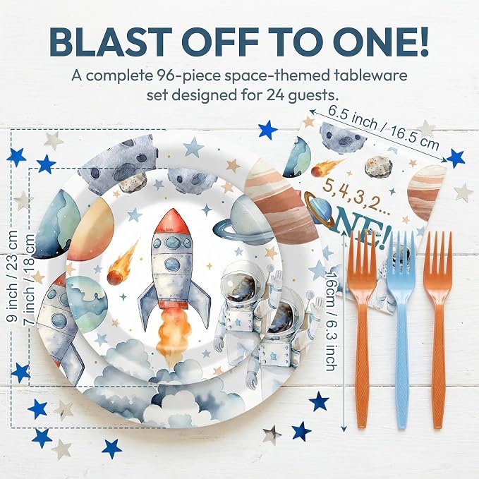 96Pcs 1st Space Birthday Party Supplies Space Planet Paper Plates Napkins and Forks Astronaut Celebration Birthday Party Decorations Solar System Dinnerware Favor for Men or Women Tableware Serves 24