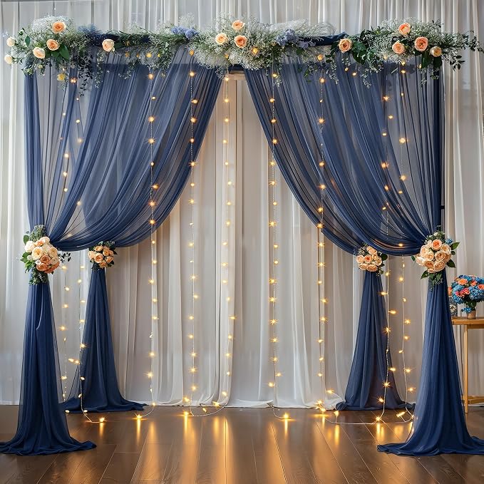 20x10ft Navy Blue Tulle Backdrop Curtain with Lights String for Parites, Sheer Photo Backdrop Curtains with Lights for Wedding Backdrop Ceremony Reception Bridal Shower Baby Shower Birthday Party