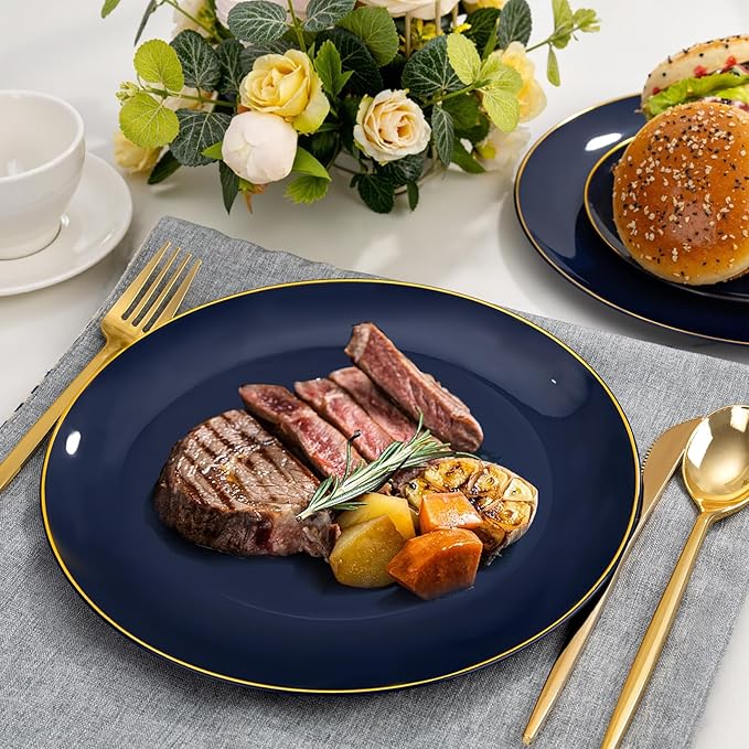 bUCLA 150PCS Blue and Gold Plastic Plates - 25 Guests Navy Blue Plastic Dinnerware Disposable for Party and Graduation - Include 25 Dinner/Dessert Plates, 25 Knives, 25 Forks, 25 Spoons, 25 Cups