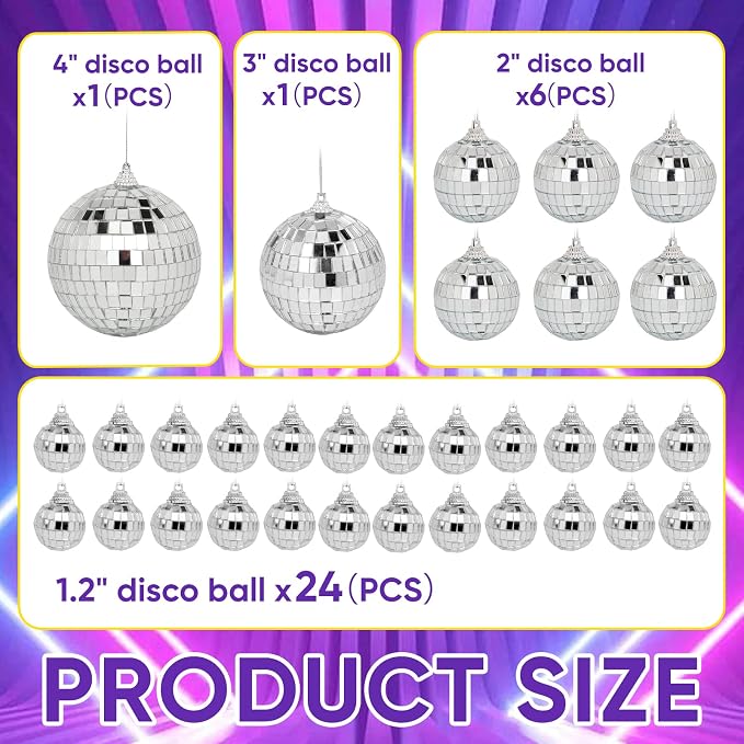 Mini Mirror Disco Ball Decor: 32 Pack Hanging Mirror Ball Ornaments Different Sizes - Small Disco Balls Decorations Bulk for Party Christmas Tree Cake Room Birthday (Silver)