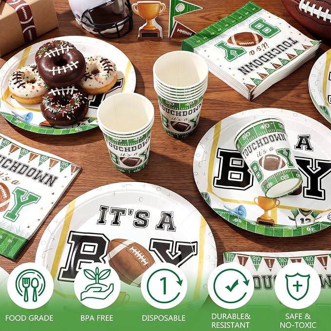 Hushee 200 Pcs Touch Down It's a Boy Baby Shower Paper Plates Napkins Cups Football Party Supplies Tableware Set Football Disposable Plates for 50 Guest Party Decor