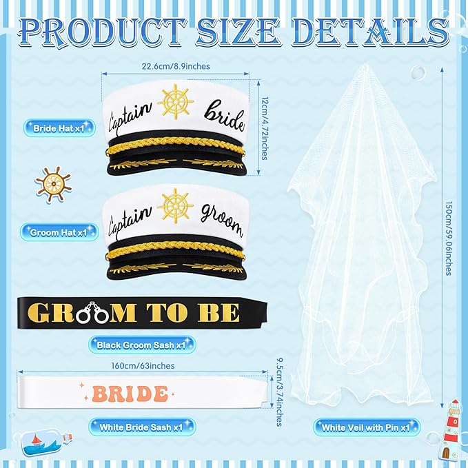 JaGely 4 Pcs Groom Bride Captain Hat with Veil Bachelor Sash Bachelorette Accessories for Wedding Bridal Shower Honeymoon