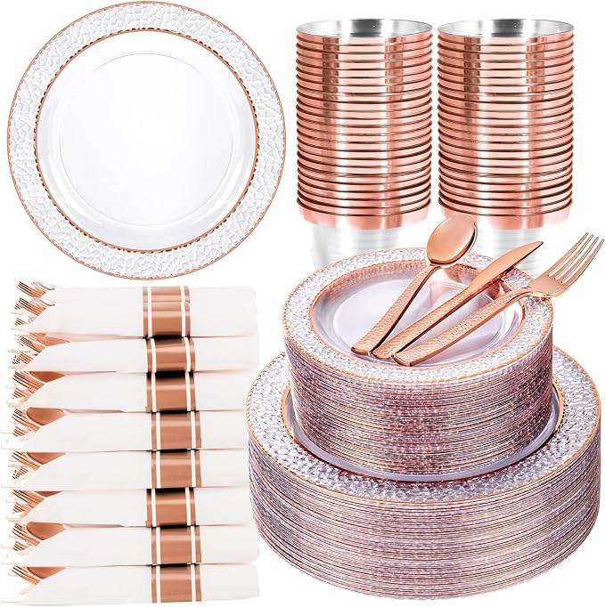 Ciaell 350PCS Rose Gold Plastic Plates - Clear Rose Gold Disposable Plates with Plastic Silverware include 100Plates, 150Silverware, 50Cups, 50Napkins for Wedding & Party