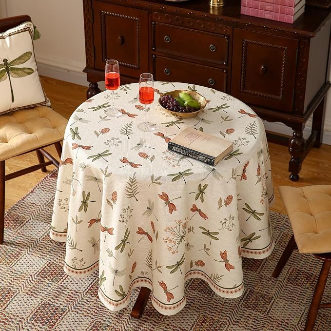 ISAENNE Designer Round Elegant Linen Tablecloth,Diameter 55"-Grace B | Vintage French Printed Table Cloth Round Table,Dragonfly Pattern,Durable,Heavyweight,Dining Room,Kitchen,Thanksgiving