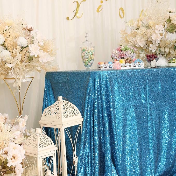 Juya Delight 60" x 102" Turquoise Sequin Rectangle Tablecloth for Wedding Birthday Party Festival Ceremony Cake Dessert Table