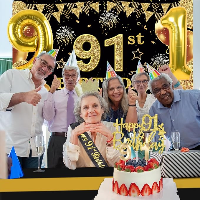 91st Birthday Decorations Men Women with 91st Birthday Banner, Black and Gold Table Cloth, Number Balloons, Large Sash, Cake Topper and Candles