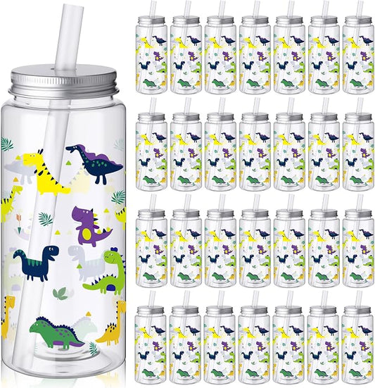 Skylety 30 Pcs Cartoon Dinosaur Plastic Cups with Lids and Straws 13.5 oz Summer Dinosaur Reusable Plastic Tumbler Hawaii Tropical Party Decor for Summer Holiday Women Birthday Party Supplies