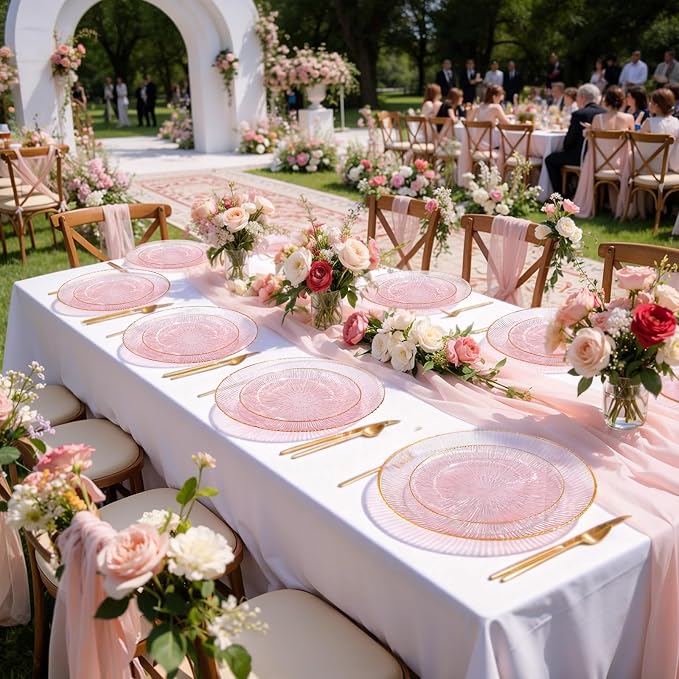 DaYammi 60Pcs Pink Plastic Plates with Gold Rimmed - Pink Disposable Plates Set Including 30pcs Dinner Plates,30pcs Dessert Plates with Radial Texture for Party & Wedding Bridal Shower