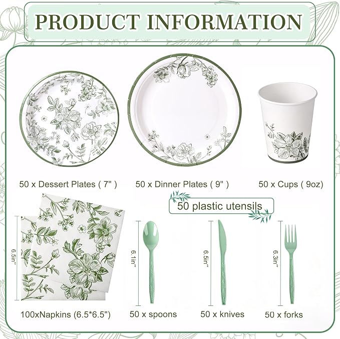 400 Pcs Disposable Sage Green Floral Tableware Set for 50 Guests | Heavy-Duty 7" & 9" Paper Plates, Cups, 13" Napkins & Plastic Cutlery for Bridal Baby Shower and Tea Party Supplies