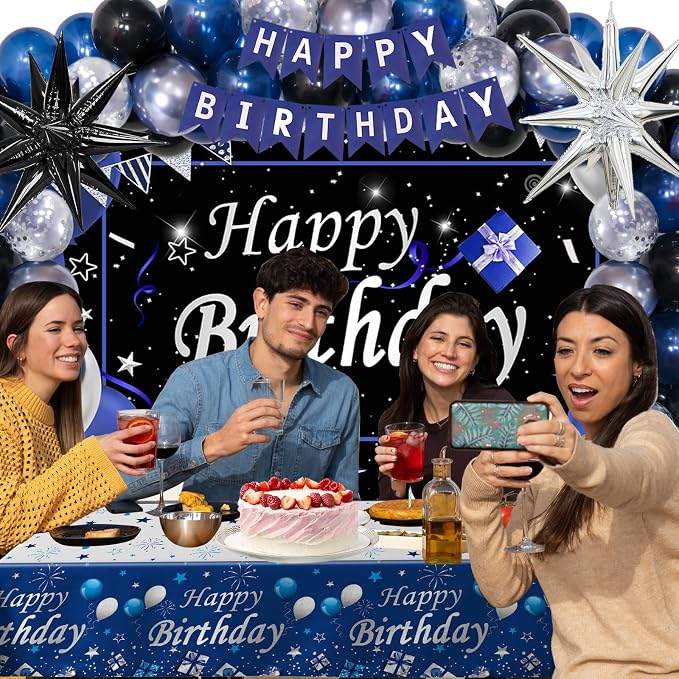 Black and Blue Birthday Decorations for Men Boys Women Girls, 75 PCS Blue and Silver Party Decorations Happy Birthday Backdrop Banner Blue Black Silver Confetti Star Balloons Arch Tablecloth