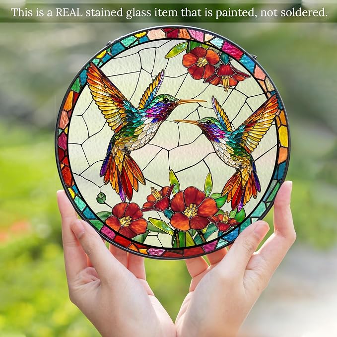 Humming Bird Stained Glass Suncatcher 6x6'' – Hummingbird Gifts for Women, Home Decor, Birthday, Christmas