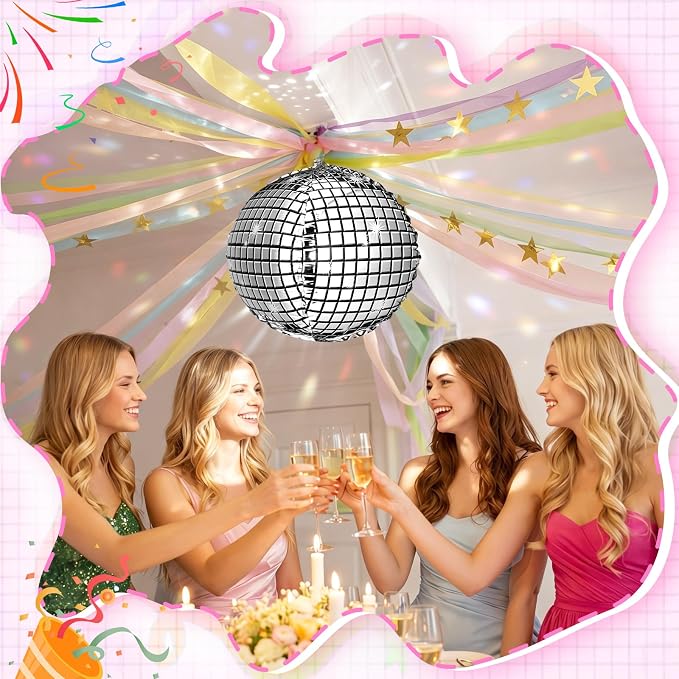 Spakon 14 Pcs Pastel Birthday Party Decoration Kit 492ft Colorful Crepe Paper Streamers Garland 5 Silver Disco Ball Balloons 26.24ft Gold Star Garland Backdrop 1 Tape for Classroom Fancy Party Decor