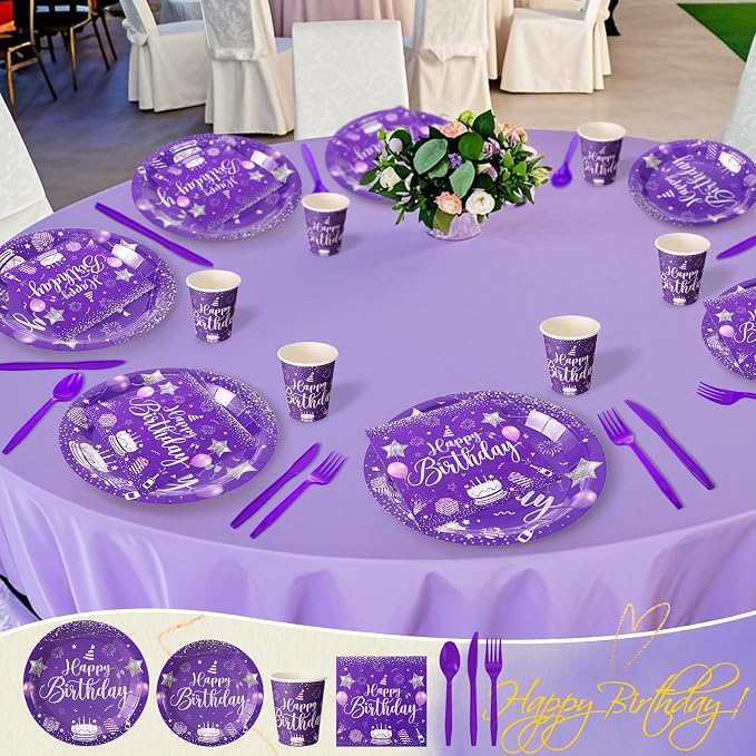Vesici 350 Pcs Happy Birthday Party Supplies Disposable Party Tableware Set Serves 50 Included Plates Napkins Cups Cutlery for Men Woman 50th 80th Birthday Party Decorations (Silver Purple)