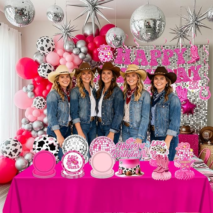 Cowgirl Birthday Party Decorations – Plates, Napkins, Cups, Banner, Hanging Swirls, Tablecloths, Balloons, Cake & Cupcake Toppers, Honeycomb Centerpieces – Disco Cowgirl Party Decorations, Serves 24
