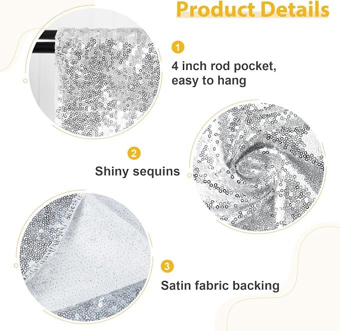 SquarePie 2 PCS 4x10ft Silver Sequin Backdrop for Photography, Extra Long Satin-Backed Real Sequin Curtain, High-Density Shimmering Background with 4" Rod Pocket for Wedding Ceremony, 2 Panels