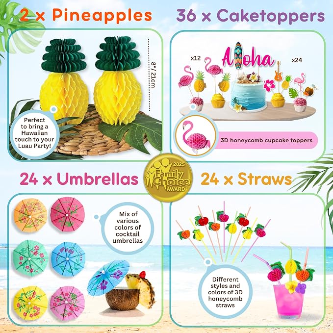 180 Pc Luau Party Decorations Set – Hawaiian Birthday Party Decorations | 2025 Family Choice Award winner – backdrop, balloons, tiki boxes, table skirt, toppers, umbrellas, straws, signs & much more