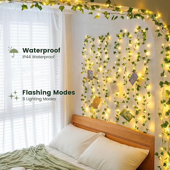 HEYFUNi Vines with Lights 23FT, Fake Ivy String Lights Plug in | 73 Warm White LEDs, Artificial Ivy Leaf Lights For Bedroom, Wall, Balcony, Wedding, Party, Dorm, Aesthetic Decor