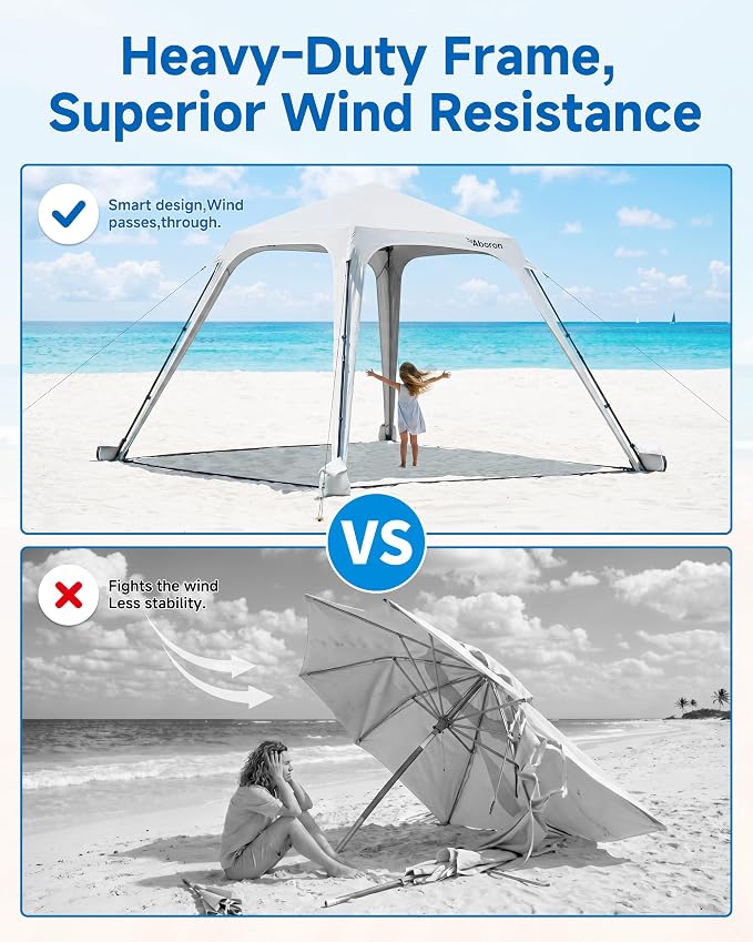 Slsy Beach Tent 10 x 10 FT, Beach Shelter with Removable Side Wall, UPF 50+ Canopy Cabana for Sun Protection, Easy Setup Shade with Sandbags, Stakes & Guy Lines, Wind Resistant, Fits 6 People