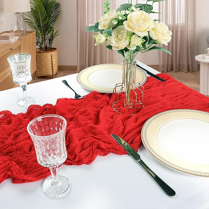 12 Pack 10FT Red Cheesecloth Table Runner 120 Inch Long Gauze Rustic Boho Spring Cheese Cloth Table Runner Sheer Fabric Decorations for Holiday Party Wedding Banquet Bridal Baby Shower Décor