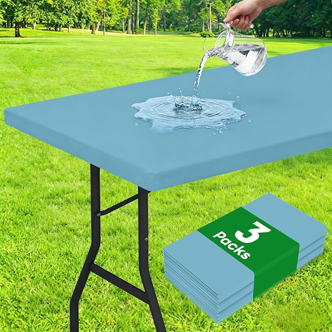 Smiry 3 Pack Rectangle Table Cloth, Elastic Fitted Flannel Backed Vinyl Tablecloths for 6ft Folding Tables, Waterproof Wipeable Table Covers for Indoor, Outdoor, Camping and Picnic (Aqua, 30"x72")