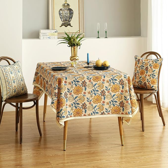 ISAENNE Designer Vintage Linen Rectangular Tablecloth,79"x55"-Estevan B | French Elegant Printed Table Cloth for Rectangle Table,Orange Floral Pattern,Dining Room,Kitchen,Tea Party,Thanksgiving
