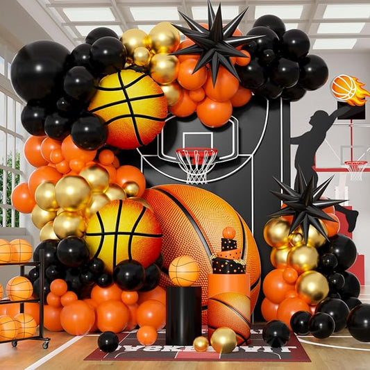 Basketball Balloon Arch Kit, 108Pcs Black Orange and Metallic Gold Balloon Garland Kit with Black Explosion Star and Basketball Foil Balloons 18 10 5 Inch for Boys Men Birthday Party Supplies
