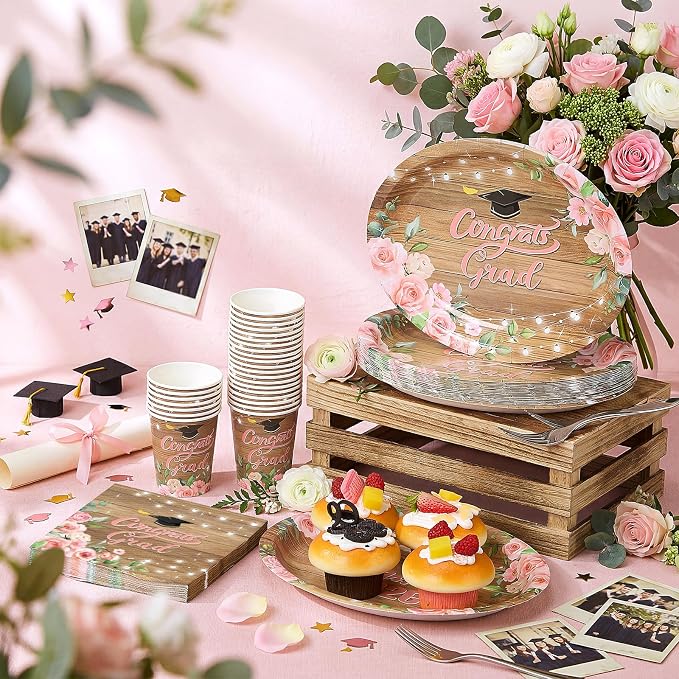 Vesici 150 Pcs Class of 2026 Graduation Party Supplies Floral Graduation Oval Paper Plate Napkin Cup 10'' x 12'' Rustic Heavy Duty Disposable Tableware Set for 2026 Congrats Grad Party Decorations