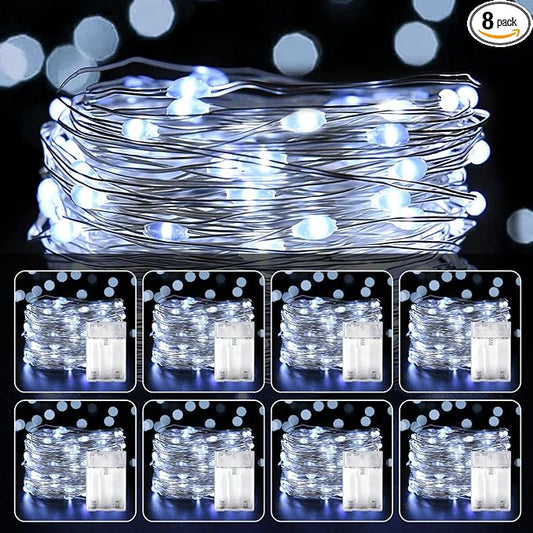 8 Pack LED Fairy Lights Battery Operated 20FT 60 LEDs Silver Wire String Lights Twinkle Lights Starry Fairy Lights for Bedroom Christmas Wedding Party Indoor Outdoor Decorations, Cool White