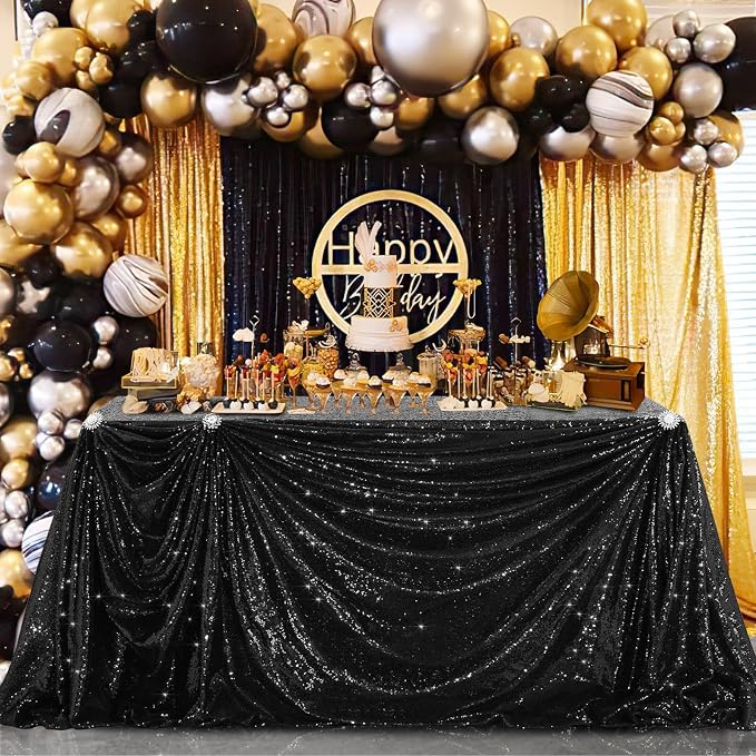 B-COOL Seamless Sequin Table Cloth Black Glitter Design Table Cloth Wedding Overlay Birthday Party Tables Decoration Fabric 90x132-inch (Black)