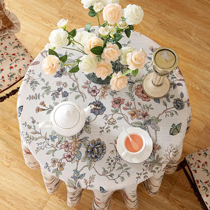 ISAENNE Designer French Linen Round Tablecloth,Diameter 67"-Cornucopia | Vintage Elegant Floral and Bird Pattern Beautiful Durable Table Cloth for Dining Room Tea Party Kitchen Thanksgiving,Decor