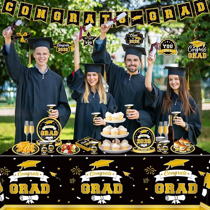 Graduation Decorations 2026 Black and Gold, Congratulations Party Favors Supplies Paper Plates Napkins Cups Tablecloth for 25 Guests, Disposable Tableware Accessories for College & Middle School