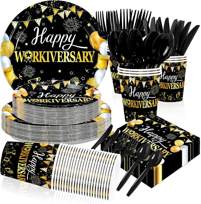 168Pcs Happy Workiversary Party supplies for Men Women, Serves 24 | Black Gold Happy Work Anniversary Plates and Napkins Cups Tableware Set for Worker Employee Appreciate Office Decorations
