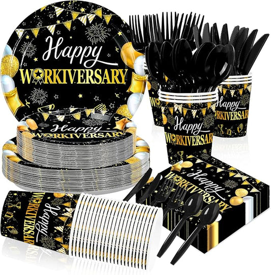 168Pcs Happy Workiversary Party supplies for Men Women, Serves 24 | Black Gold Happy Work Anniversary Plates and Napkins Cups Tableware Set for Worker Employee Appreciate Office Decorations