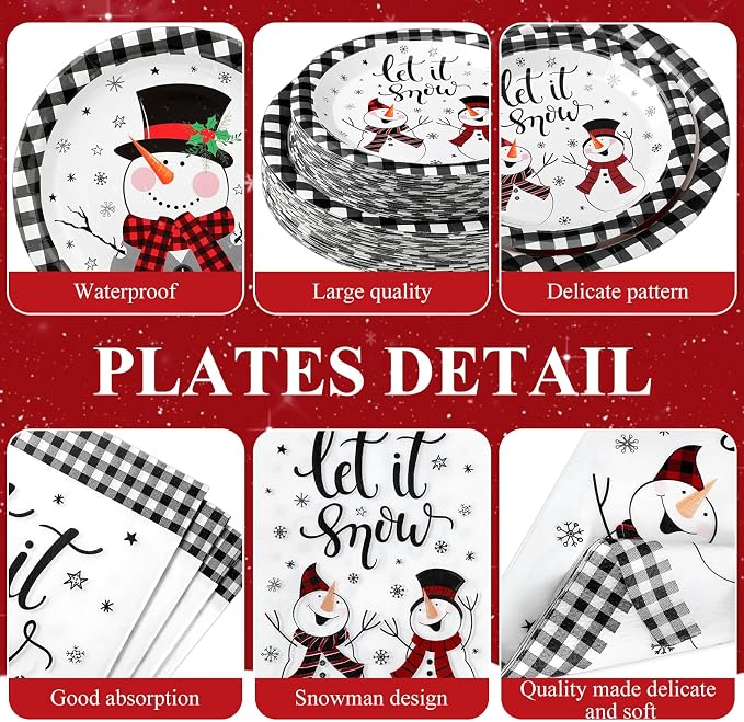 Funnymoom 250 Pcs Winter Snowman Paper Plates and Napkins Party Supplies Black White Buffalo Plaid Winter Disposable Tableware Set for Christmas Holiday Party Decoration