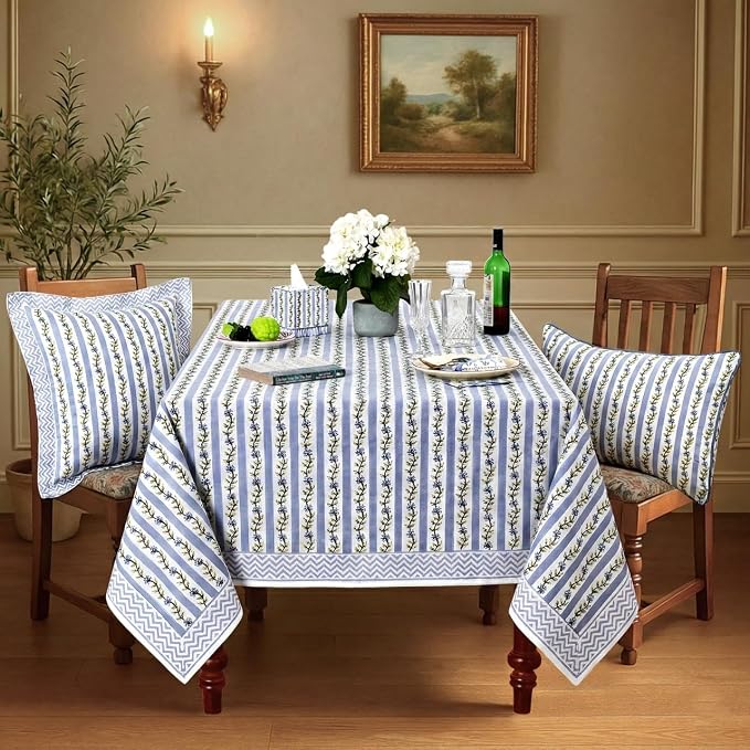 Ridhi Blue Meadow Vine Block Print Cotton Rectangle Tablecloth 108" x 60" Reusable Decorative Everyday Use for Dining Room, Farmhouse, Home Gift for Spring, Mother's Day