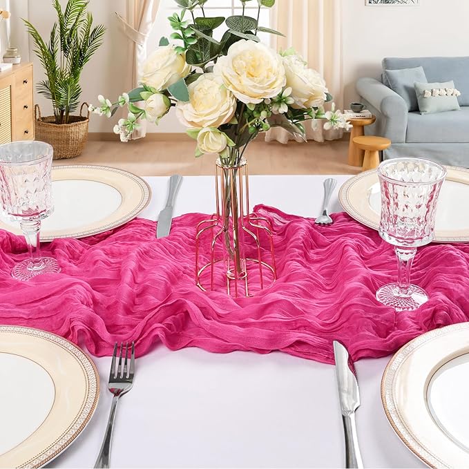 6 Pack 10FT Hot Pink Cheesecloth Table Runner 120 Inch Long Gauze Rustic Boho Spring Cheese Cloth Table Runner Sheer Fabric Decorations for Holiday Party Wedding Banquet Bridal Baby Shower Décor